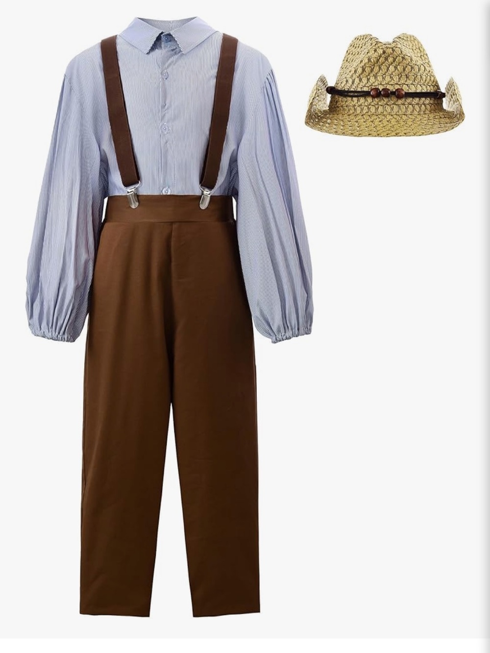 NWOT Pioneer Farmer Overalls Costume with Straw Hat and Striped Shirt